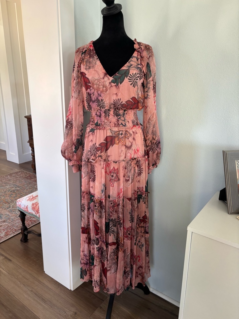 Gilner Ferrar Romantic rose pink Floral Tiered V-Neck Maxi Dress XS